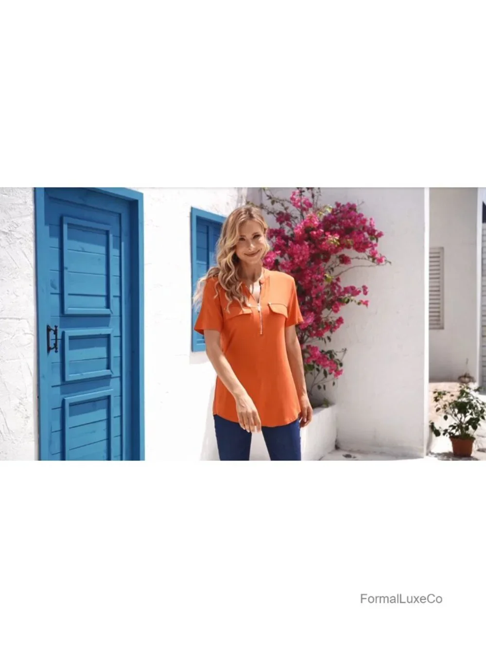 Women's Zip Front V-Neck Short Sleeve Tunic Blouse with Pockets - Stretchable